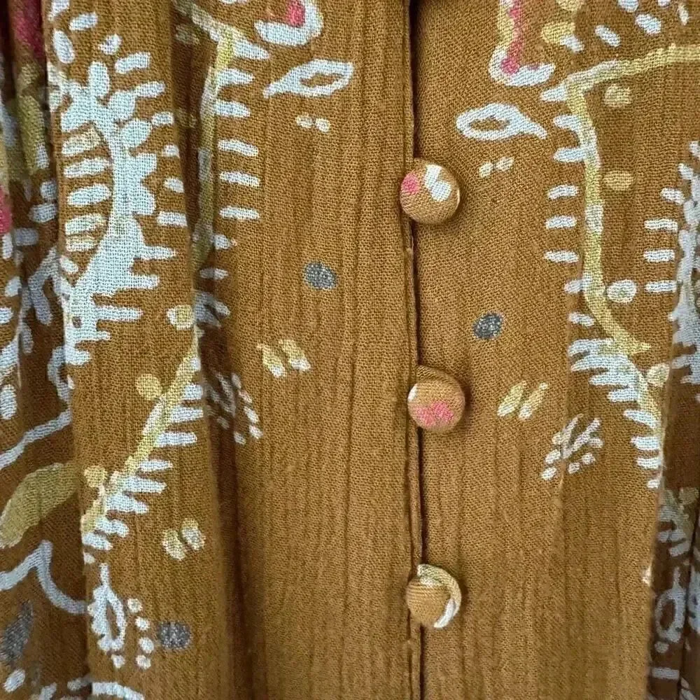 Free People  Brown green hippie babydoll peasant dress balloon sleeves S #1993